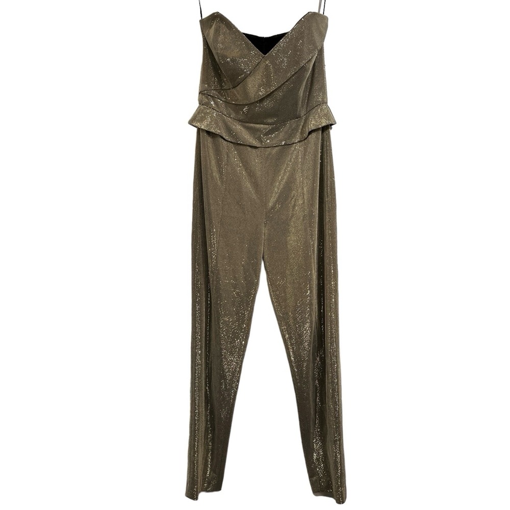 Michelle Mason Lame Jumpsuit Sequin Metallic Strapless Size 6 Event Chic Glam